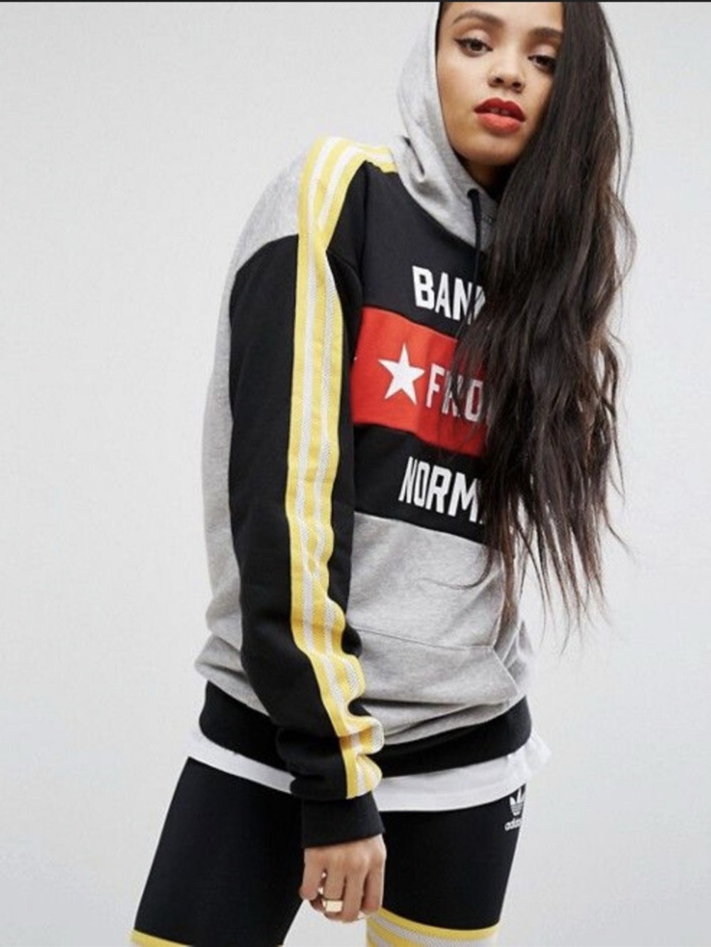 adidas Grey Hoodie with Black Panels & Yellow Stripes